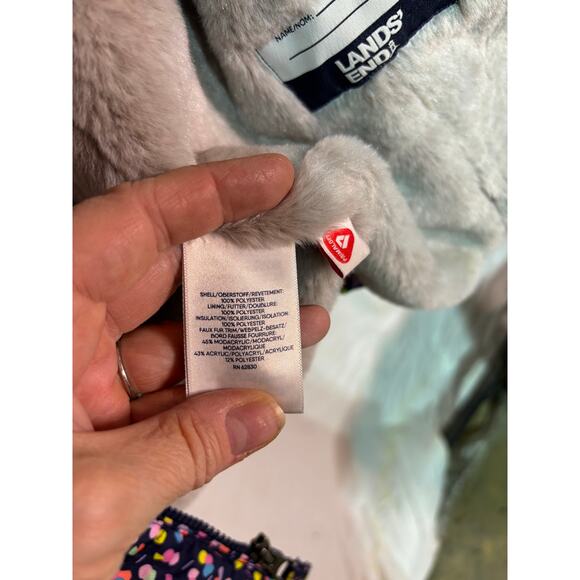 Lands End M 8 parka puffer coat hood pockets warm euc like new blue w/polka dots - Picture 6 of 10